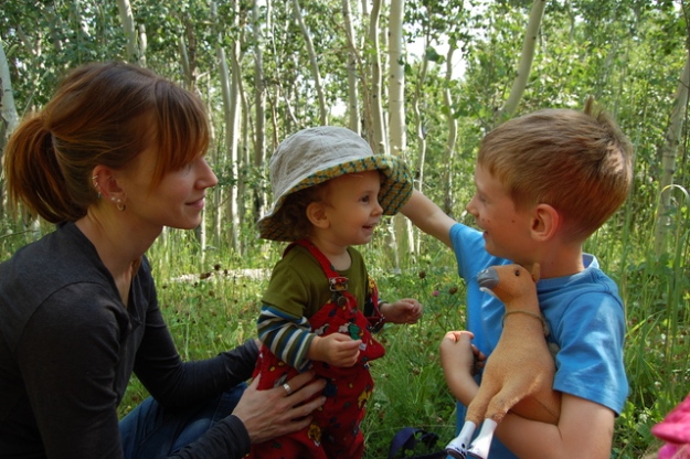 Jill, Sulien, Emmett, and Horsie in the little Aspen forest.